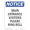 Signmission OSHA Notice, 5" Height, Main Entrance Visitors Please Ring Bell Sign, 5" X 3.5", Portrait OS-NS-D-35-V-14086 - alternate 1